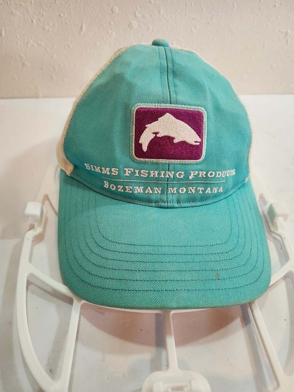 Simms Trout Icon Trucker Hat OSFA Turquoise White Mesh Snapback